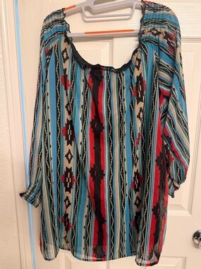 Boho,  Aztec, Western Striped Peasant Tunic Turquoise, Red & Black